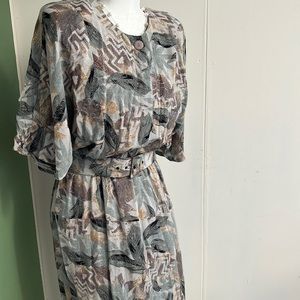 Vintage 80s Geometric Leaf Print Safari Dress